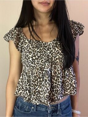 Leopard Print Ruffle Short Sleeve Top - Brown/White